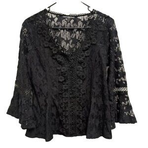 Luxe Collection Paris Womens Top Large Black Lace Bell Sleeve Whimsygoth BOHO